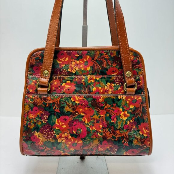 Patricia Nash Zip Close Expandable Floral Smooth Leather Tote Brown Orange Green - Picture 2 of 9